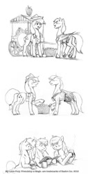 Size: 650x1280 | Tagged: safe, artist:baron engel, applejack, oc, oc:carousel, oc:petina, oc:sky brush, earth pony, pony, comic, grayscale, monochrome, pencil drawing, the happy mare's home journal, traditional art