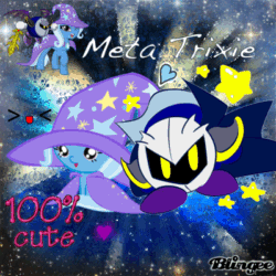 Size: 400x400 | Tagged: safe, derpibooru import, trixie, animated, blingee, chibi, crossover, crossover shipping, exploitable meme, female, galaxia, kirby, male, meme, meta knight, nintendo, shipping, straight