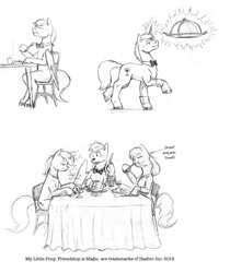 Size: 931x1109 | Tagged: safe, artist:baron engel, oc, oc only, oc:carousel, oc:petina, oc:sky brush, eating, grayscale, monochrome, pencil drawing, traditional art, waiter