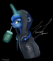 Size: 2604x2970 | Tagged: safe, artist:sakuracheetah, princess luna, alicorn, pony, black background, clothes, drink, headphones, hoodie, levitation, looking at you, magic, simple background, solo