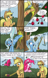 Size: 1920x3090 | Tagged: safe, artist:ciriliko, derpibooru import, applejack, pinkie pie, trixie, earth pony, pony, apple, apple/apples falling, applebucking, applejack mid tree-buck facing the left with 3 apples falling down, applejack mid tree-buck with 3 apples falling down, book, comic, creeper, falling, food, hockey, pickaxe, tree, zas