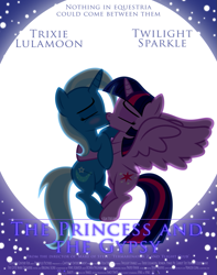 Size: 947x1201 | Tagged: safe, artist:navitaserussirus, derpibooru import, trixie, twilight sparkle, twilight sparkle (alicorn), alicorn, pony, female, kissing, lesbian, mare, moon, movie poster, shipping, twixie