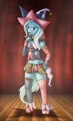 Size: 3375x5574 | Tagged: safe, artist:kukotte, derpibooru import, trixie, anthro, unguligrade anthro, unicorn, clothes, costume, jester, magilou mayvin, parody, solo, stage, tales of berseria