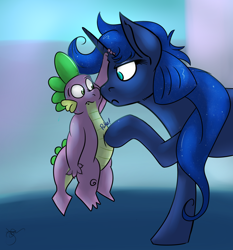 Size: 1280x1375 | Tagged: safe, artist:jorobro, princess luna, spike, alicorn, dragon, pony, colored pupils, daily life of spike, female, frown, literal, mare, poking, sweat