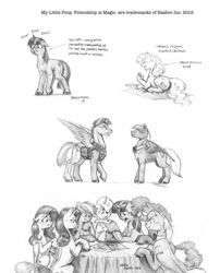 Size: 1034x1280 | Tagged: safe, artist:baron engel, fluttershy, pinkie pie, rainbow dash, rarity, twilight sparkle, oc, earth pony, pegasus, pony, unicorn, grayscale, monochrome, pencil drawing, traditional art