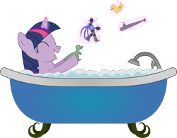 Size: 5000x3897 | Tagged: safe, artist:joey, derpibooru import, twilight sparkle, unicorn twilight, dinosaur, pony, unicorn, absurd resolution, bath, bathtub, claw foot bathtub, fanfic art, rubber duck, simple background, solo, submarine, toy, transparent background, vector