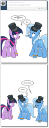 Size: 630x1646 | Tagged: safe, artist:dekomaru, derpibooru import, trixie, twilight sparkle, pony, ask, female, hat, lesbian, shipping, top hat, tumblr, tumblr:ask twixie, twixie