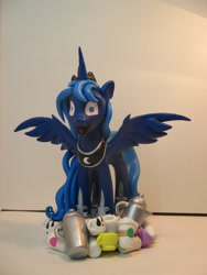 Size: 1024x1365 | Tagged: safe, artist:andypriceart, artist:earthenpony, princess luna, alicorn, pony, coffee, craft, happy, luna found the coffee, majestic, open mouth, sculpture, smiling, solo, spread wings, wide eyes