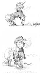 Size: 647x1175 | Tagged: safe, artist:baron engel, applejack, oc, earth pony, pony, blood on the floor, clothes, grayscale, monochrome, pencil drawing, scarf, traditional art