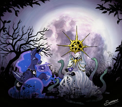 Size: 960x841 | Tagged: safe, artist:littledarkdragon, princess luna, alicorn, pony, snake, crossover, dark souls, dark sun gwyndolin, moon, night, praise the moon, smiling, tea