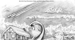 Size: 1280x687 | Tagged: safe, artist:baron engel, twilight sparkle, oc, grayscale, meteor, monochrome, pencil drawing, traditional art