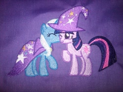 Size: 1024x768 | Tagged: safe, artist:ethepony, derpibooru import, trixie, twilight sparkle, accessory swap, embroidery, female, lesbian, patch, photo, shipping, twixie