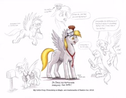 Size: 1254x980 | Tagged: safe, artist:baron engel, derpy hooves, oc, oc:sky brush, pegasus, pony, female, head mirror, mailmare, mare, muffin, pencil drawing, stethoscope, traditional art