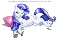 Size: 1400x925 | Tagged: safe, artist:baron engel, rarity, pony, unicorn, actual frog (hoof), colored pencil drawing, frog (hoof), hooves, looking at you, pillow, solo, traditional art, underhoof