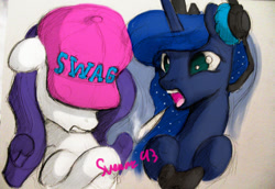 Size: 1024x706 | Tagged: safe, artist:sverre93, princess luna, rarity, alicorn, pony, unicorn, baseball cap, blunt, controller, floppy ears, gamer luna, hat, headphones, swag