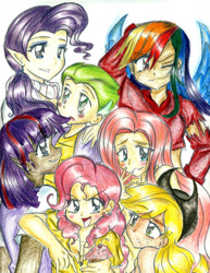 Size: 1391x1800 | Tagged: safe, artist:drawbauchery, derpibooru import, applejack, fluttershy, pinkie pie, rainbow dash, rarity, spike, twilight sparkle, dragon, earth pony, pegasus, pony, unicorn, mane seven, mane six, traditional art