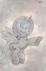 Size: 665x1025 | Tagged: safe, artist:slightlyshade, princess luna, alicorn, pony, astronaut, eyes closed, solo, spacesuit, traditional art