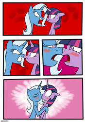 Size: 1400x2000 | Tagged: safe, artist:mofetafrombrooklyn, derpibooru import, trixie, twilight sparkle, comic, female, kissing, lesbian, sarcasm, shipping, surprise kiss, surprised, swipe, twixie