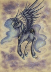 Size: 727x1024 | Tagged: safe, artist:shelenka, princess luna, alicorn, pony, female, horn, mare, solo, traditional art