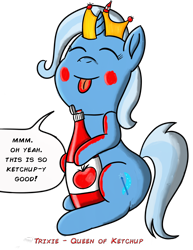 Size: 2550x3300 | Tagged: safe, artist:saburodaimando, derpibooru import, trixie, pony, unicorn, crown, eyes closed, female, food, jewelry, ketchup, mare, messy, queen, regalia, sauce, simple background, splatoon, transparent background