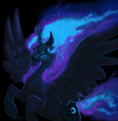 Size: 1675x1716 | Tagged: safe, artist:mylittlegodzilla, princess luna, alicorn, pony, eyes closed, rearing, solo, spread wings