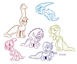 Size: 1280x1067 | Tagged: safe, artist:willdrawforfood1, derpibooru import, applejack, fluttershy, pinkie pie, rainbow dash, rarity, twilight sparkle, dinosaur, earth pony, pegasus, pony, unicorn, costume, mane six, rainbow dactyl, twiceratops