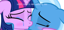 Size: 1048x498 | Tagged: safe, artist:navitaserussirus, derpibooru exclusive, derpibooru import, trixie, twilight sparkle, pony, unicorn, blushing, cropped, crying, eyes closed, female, kissing, lesbian, mare, shipping, tears of joy, twixie