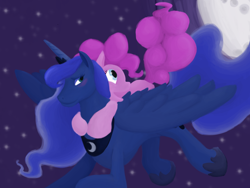 Size: 2048x1536 | Tagged: safe, artist:twinkiespy, pinkie pie, princess luna, alicorn, earth pony, pony, female, flying, lesbian, lunapie, moon, shipping