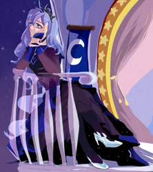 Size: 800x900 | Tagged: safe, artist:gan-91003, princess luna, human, balcony, clothes, dress, humanized, solo