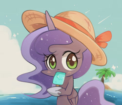 Size: 962x831 | Tagged: safe, artist:joycall6, princess luna, alicorn, pony, beach, blushing, hat, ice cream, solo