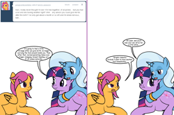 Size: 1204x800 | Tagged: safe, artist:dekomaru, derpibooru import, scootaloo, trixie, twilight sparkle, pony, ask, belly button, comic, female, lesbian, older, pregnant, pregnant scootaloo, prone, shipping, tumblr, tumblr:ask twixie, twixie