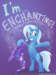 Size: 3000x4000 | Tagged: safe, artist:stinkehund, derpibooru import, part of a set, trixie, pony, unicorn, belly button, clothes, female, fluffy, glitter, gradient background, hat, looking at you, mare, purple background, smiling, solo, trixie's hat
