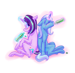 Size: 900x876 | Tagged: safe, artist:sandutita, derpibooru import, starlight glimmer, trixie, pony, unicorn, drink, duo, mountain dew, simple background, transparent background