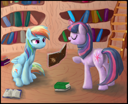 Size: 2100x1705 | Tagged: safe, artist:dawnmistpony, derpibooru import, rainbow dash, twilight sparkle, pegasus, pony, book, duo, eyes closed, library, magic