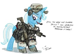 Size: 800x589 | Tagged: safe, artist:buckweiser, derpibooru import, trixie, pony, unicorn, an/peq-15, ar15, female, gun, m14, m14 ebr, mare, military, rifle, solo, weapon