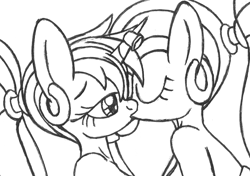 Size: 1315x927 | Tagged: safe, artist:sonork91, derpibooru import, trixie, twilight sparkle, anthro, female, genie, kissing, lesbian, monochrome, shipping, traditional art, twixie