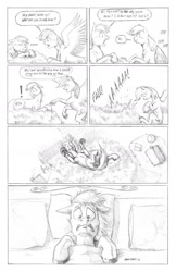 Size: 1000x1545 | Tagged: safe, artist:baron engel, rainbow dash, oc, oc:sky brush, pegasus, pony, cloud, cloudy, comic, dialogue, dream, falling, grayscale, monochrome, pencil drawing, sketch, traditional art