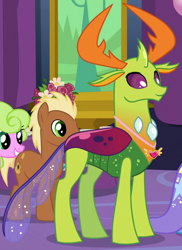 Size: 690x950 | Tagged: safe, derpibooru import, screencap, daisy, flower wishes, meadow song, thorax, trixie, changedling, changeling, celestial advice, cropped, equestrian pink heart of courage, king thorax, male, smiling