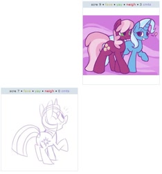 Size: 530x567 | Tagged: safe, derpibooru import, cheerilee, trixie, twilight sparkle, exploitable meme, female, heart, juxtaposition, juxtaposition win, lesbian, meme, shipping, surprised, trixilee