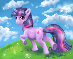 Size: 900x720 | Tagged: safe, artist:ippo-lita, derpibooru import, twilight sparkle, unicorn twilight, pony, unicorn, bubble, female, grass, mare, smiling, solo