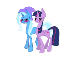 Size: 1024x768 | Tagged: safe, artist:ceciliacrow, derpibooru import, trixie, twilight sparkle, twilight sparkle (alicorn), alicorn, pony, blushing, female, lesbian, mare, shipping, twixie