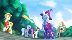 Size: 3555x2000 | Tagged: safe, artist:rublegun, derpibooru import, berry punch, berryshine, cloudchaser, filthy rich, peachy pitt, roseluck, trixie, pegasus, pony, unicorn, baseball bat, clothes, female, hat, magic, male, mare, pajamas, ponyville, smiling, stallion, trixie's hat