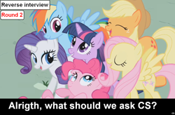 Size: 1024x672 | Tagged: safe, derpibooru import, applejack, fluttershy, pinkie pie, rainbow dash, rarity, twilight sparkle, earth pony, pegasus, pony, unicorn, comic:celestia's servant interview, interview, meta