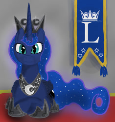 Size: 900x958 | Tagged: safe, artist:infrasonicman, princess luna, alicorn, pony, banner, looking at you, prone, solo