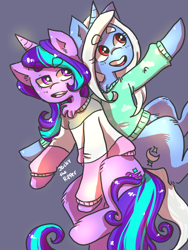 Size: 768x1024 | Tagged: safe, artist:jackytheripperart, derpibooru import, starlight glimmer, trixie, pony, unicorn, chest fluff, clothes, duo, eyebrows, sweater