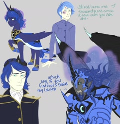 Size: 1948x2022 | Tagged: safe, artist:fiona, darkhorse knight, nightmare moon, prince artemis, princess luna, human, horned humanization, humanized, life of crime, lunar trinity, reference, rule 63, s1 luna, spongebob squarepants