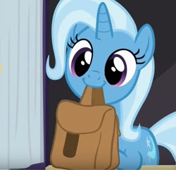 Size: 571x550 | Tagged: safe, derpibooru import, screencap, trixie, pony, unicorn, to saddlebags and back again, to where and back again, cropped, cute, diatrixes, female, mare, mouth hold, solo