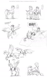 Size: 1008x1656 | Tagged: safe, artist:baron engel, blossomforth, rainbow dash, oc, oc:sky brush, pegasus, pony, cloud, comic, fanfic, flying, goggles, monochrome, pencil drawing, traditional art, vomit, weather