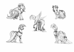 Size: 1400x988 | Tagged: safe, artist:baron engel, apple bloom, applejack, fluttershy, rainbow dash, zecora, earth pony, pegasus, pony, zebra, clothes, dress, monochrome, pencil drawing, traditional art