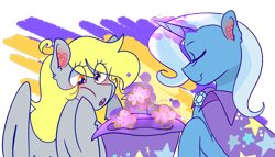 Size: 4040x2317 | Tagged: safe, artist:cubbybatdoodles, derpibooru import, derpy hooves, trixie, pegasus, pony, unicorn, abstract background, clothes, female, food, hat, magic, mare, muffin, trixie's hat